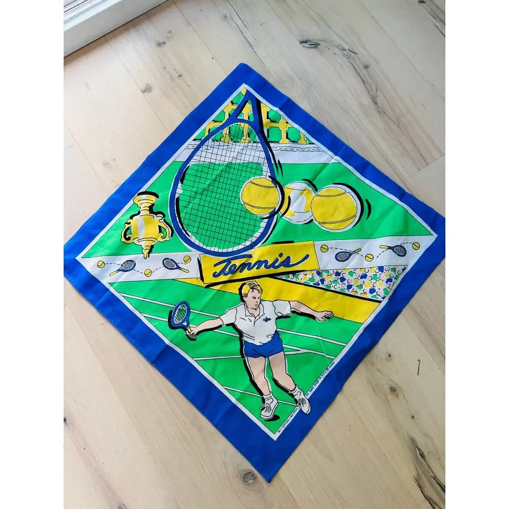 Vintage Novelty Neck Scarf Motif Tennis Summer Spring Happy Colors USA Made